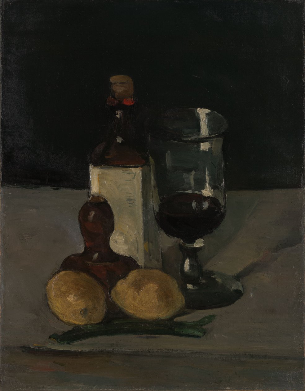 Stilleben med flaska, glas och citroner av Paul Cézanne