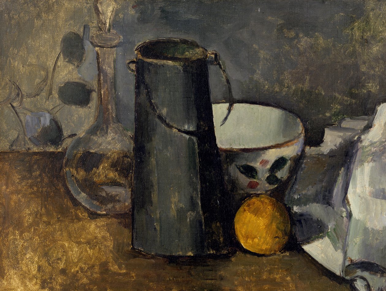 Stilleben med karaff, mjölkburk, skål och apelsin av Paul Cézanne