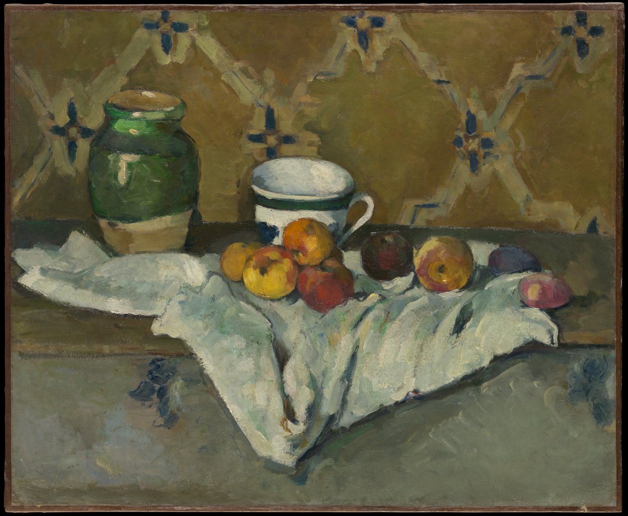 Stilleben med kruka, kopp och äpplen av Paul Cézanne