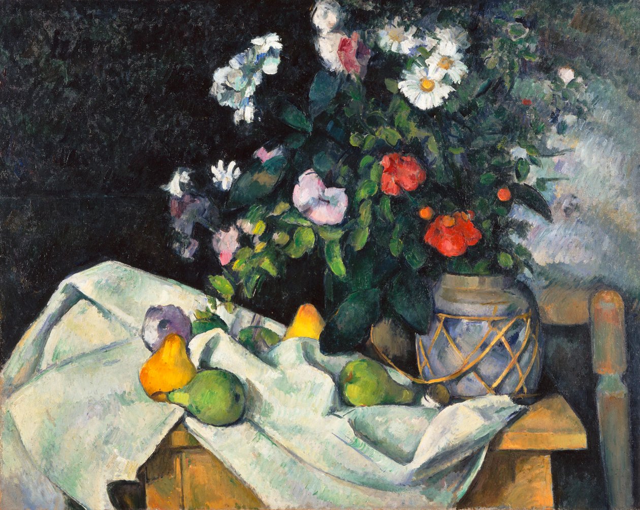 Stilleben med blommor och frukt av Paul Cézanne