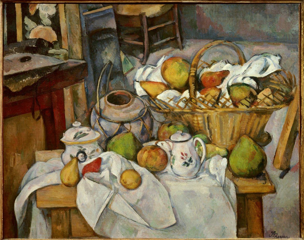 Stillebens köksbord av en fruktkorg poserar på ett bord. Målning av Paul Cezanne (1839-1906) 1888 Sön. 0,65x0,81 m Paris, musee d