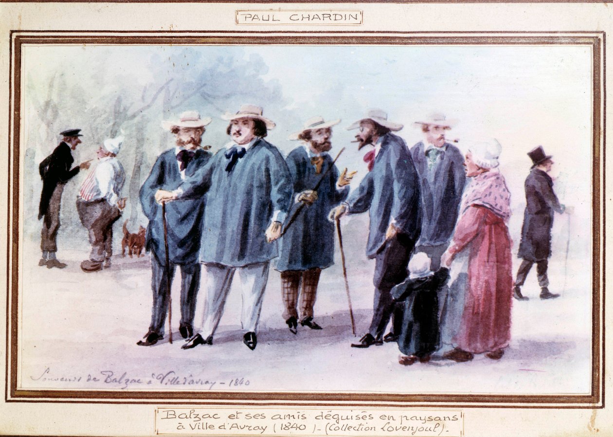 Den franske författaren Honore de Balzac (1799-1850) och hans vänner utklädda till bönder i staden Avray 1840. Akvarell målad efter minnet av Paul Chardin (1833-?) av Paul Chardin