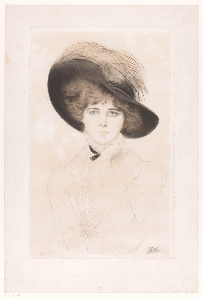 Porträtt av en okänd kvinna med hatt av Paul César Helleu (signed by artist)
