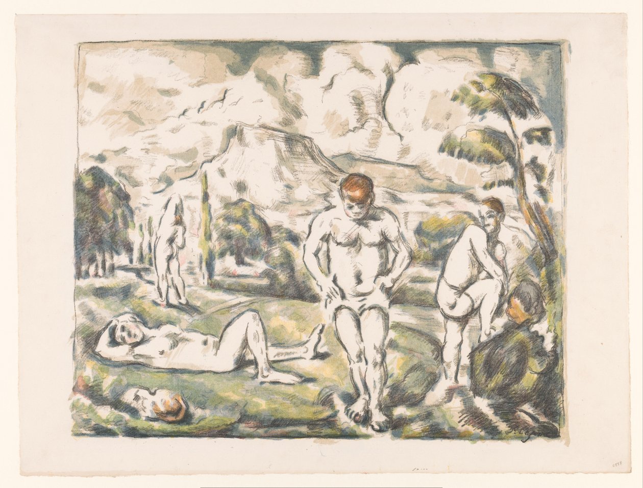 Badande män i ett kuperat landskap Les Grands Baigneurs Baigneurs au repos av Paul Cézanne