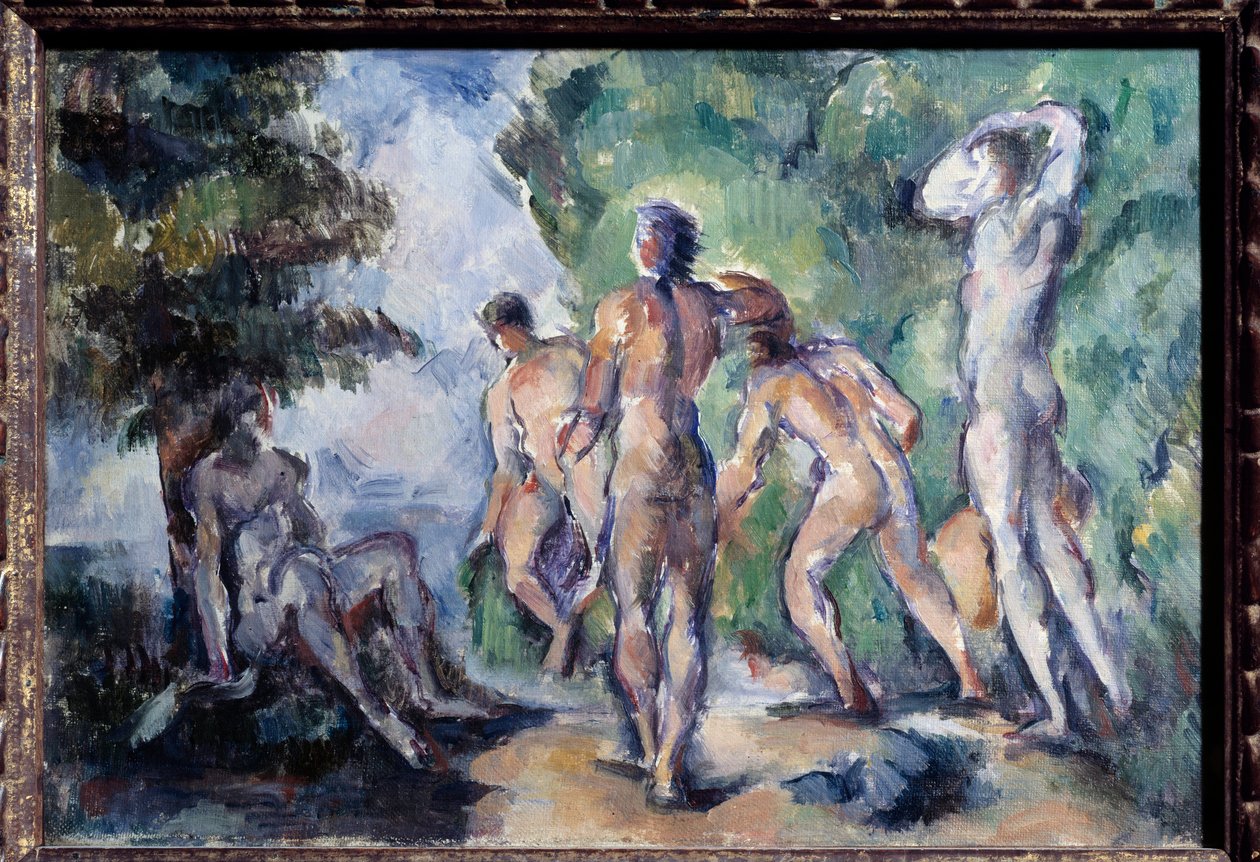 Badande målning av Paul Cezanne (1839-1906) 1895 Sön. 0,22x0,33 m Lyon, Musee des Beaux Arts - Badarna. Målning av Paul Cezanne (1839-1906) av Paul Cézanne