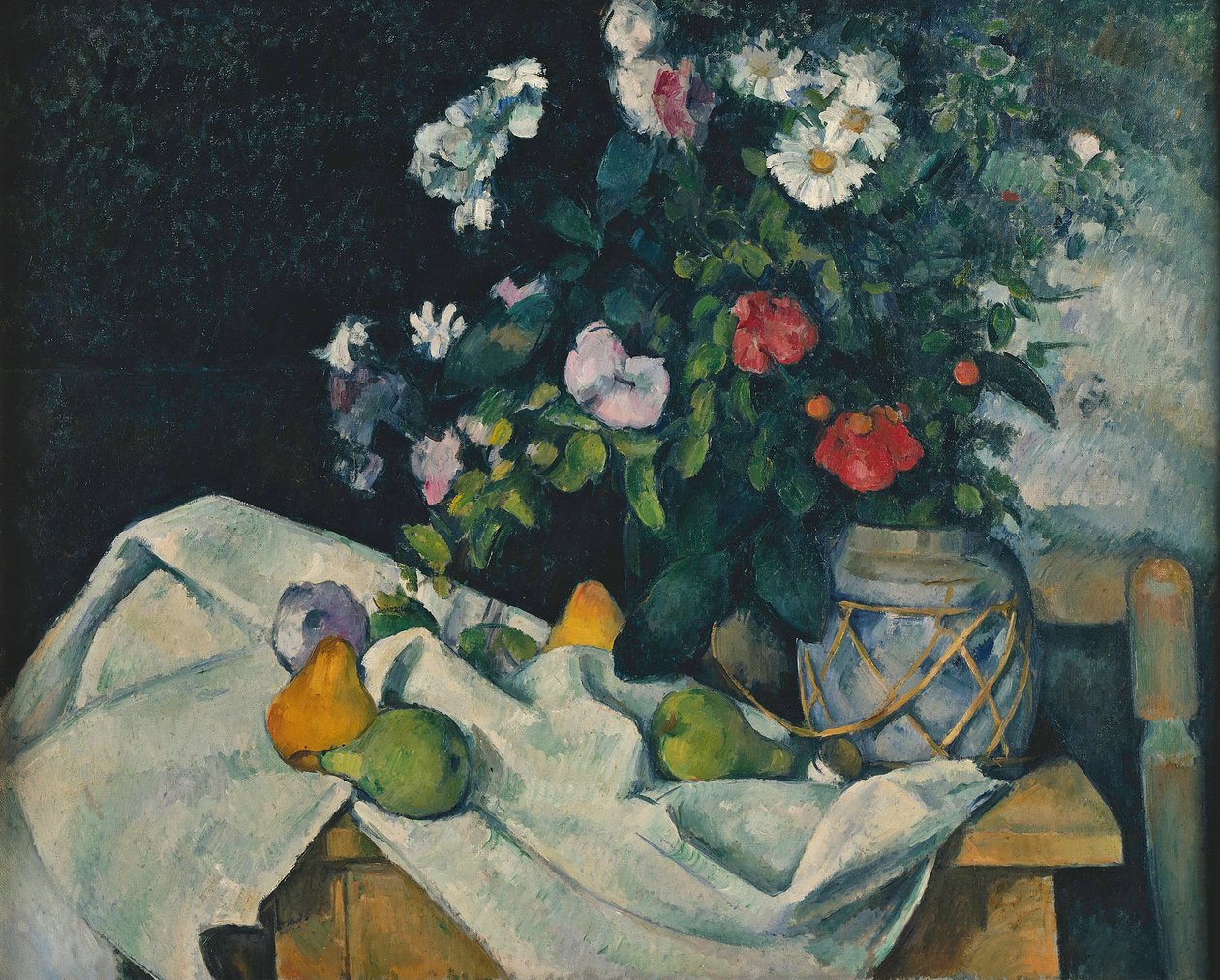 Blommor i en burk med ingefära och frukt av Paul Cézanne