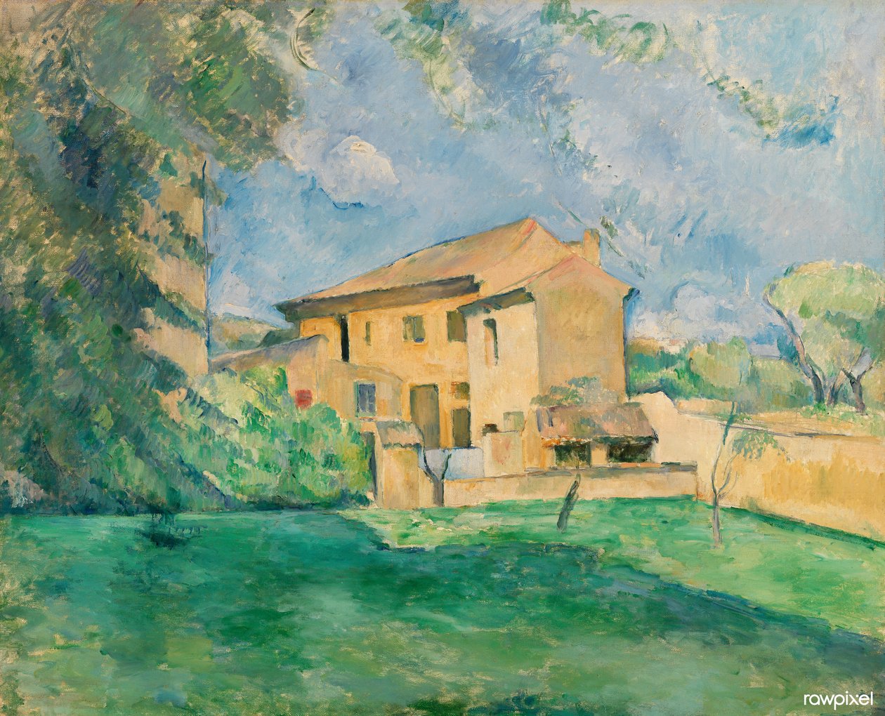 Franska:  La Ferme du Jas de Bouffan Gården vid Jas de Bouffan av Paul Cézanne
