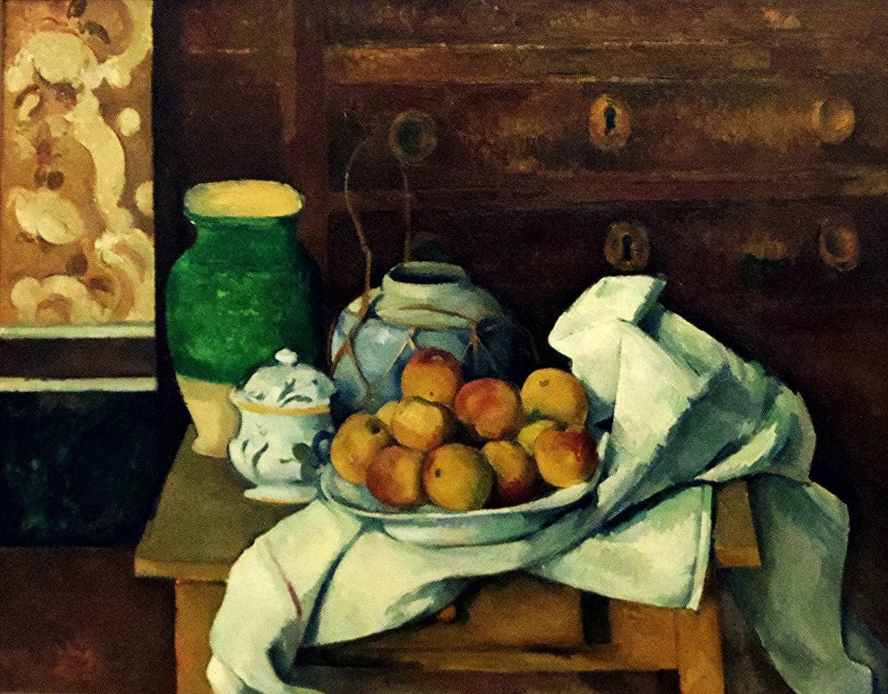 Franska:  Nature morte à la commode Stilleben med byrå av Paul Cézanne