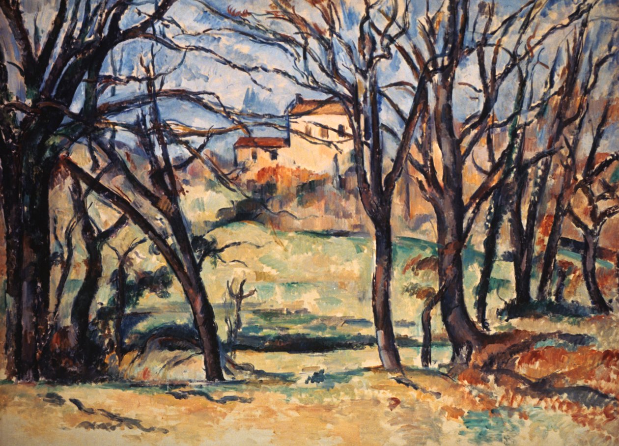 Hus bakom träd på vägen till Tholonet, c1885 av Paul Cézanne
