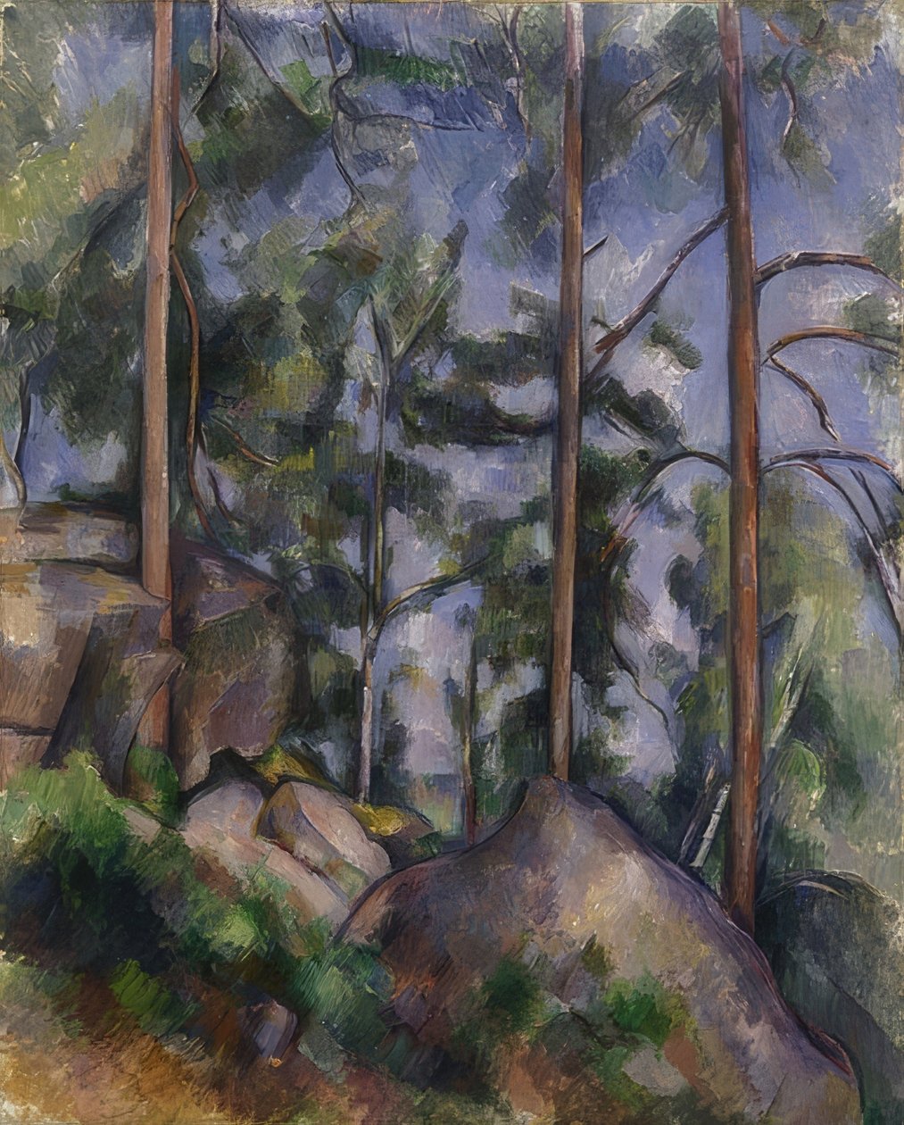 Tallar och stenar (Fontainebleau?). Omkring 1897 av Paul Cézanne
