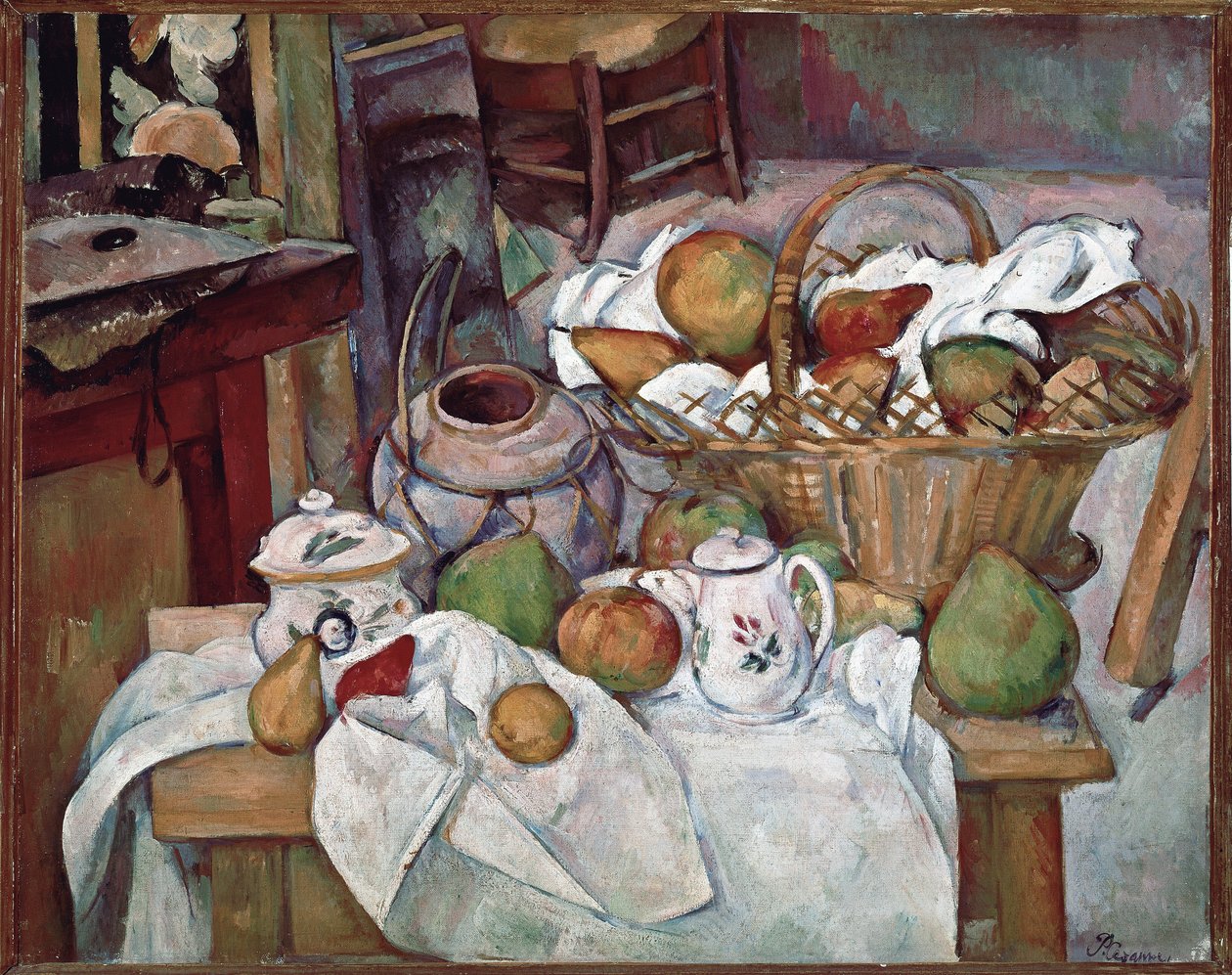 Köksbord eller Stilleben med korg - olja på duk av Paul Cézanne