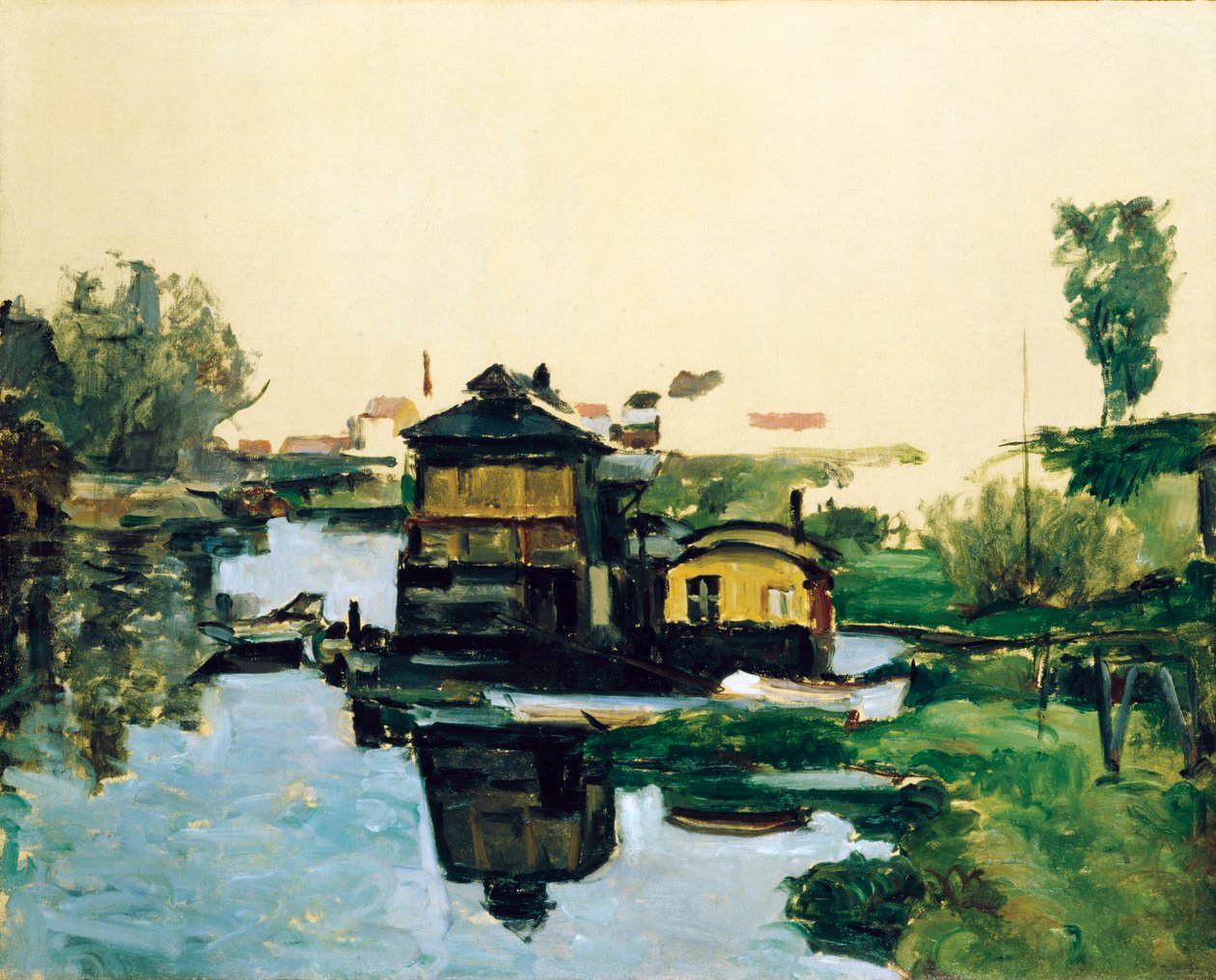 Flytande hus på en flod av Paul Cézanne