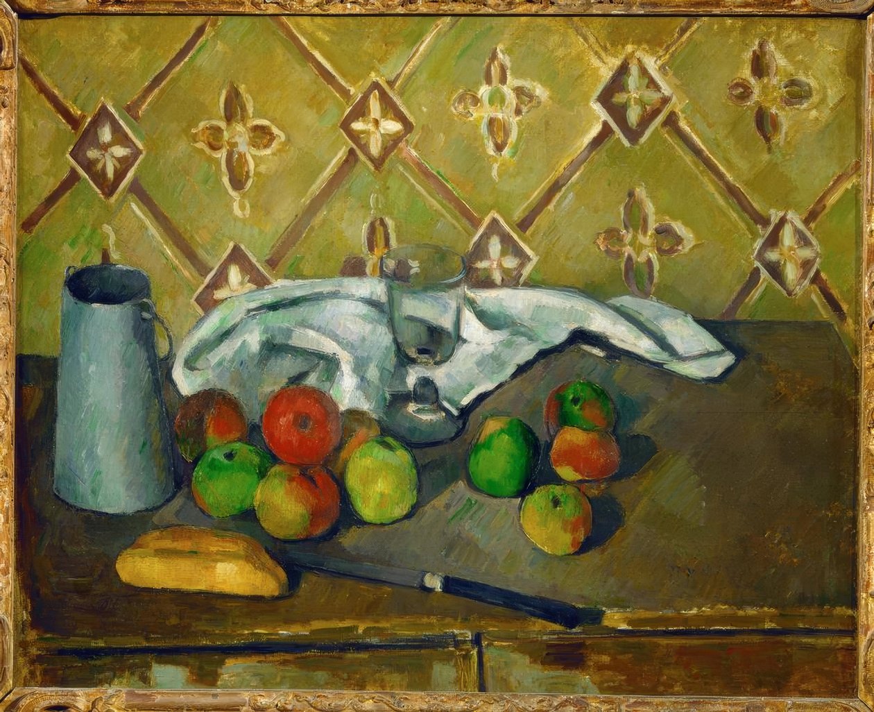Stilleben (frukt, servett och mjölkdryck) av Paul Cézanne