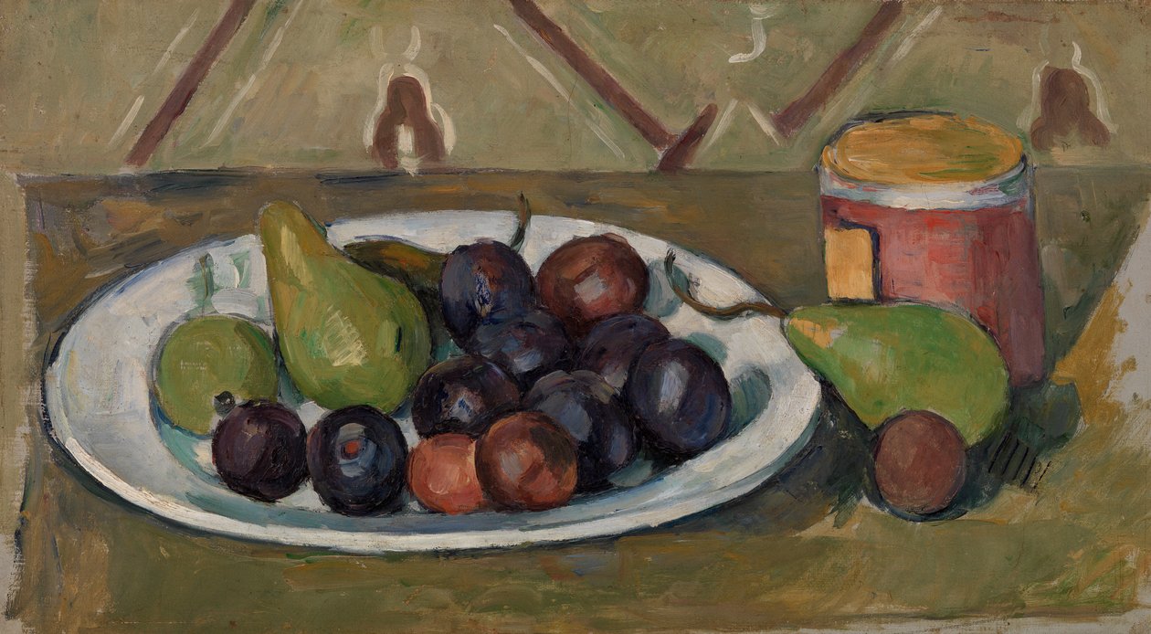 Tallrik med frukt och kruka med konserver av Paul Cézanne