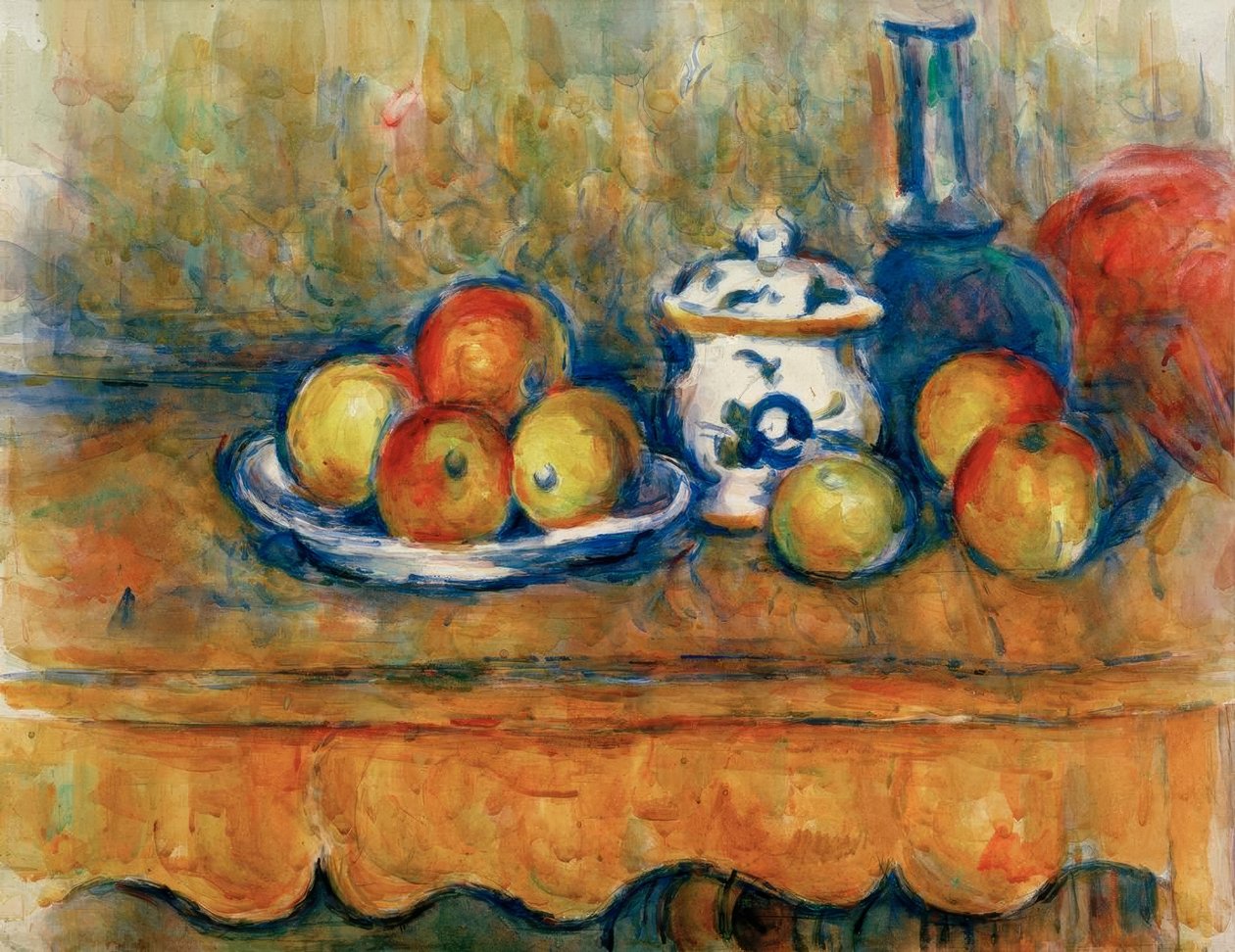 Äpplen, karaff och sockerskål av Paul Cézanne