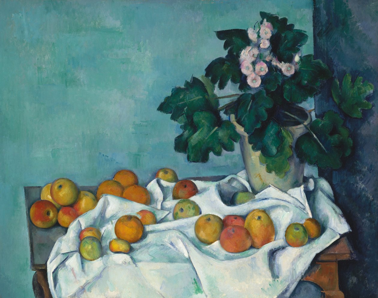 Stilleben med äpplen och en kruka med primörer, c.1890 av Paul Cézanne
