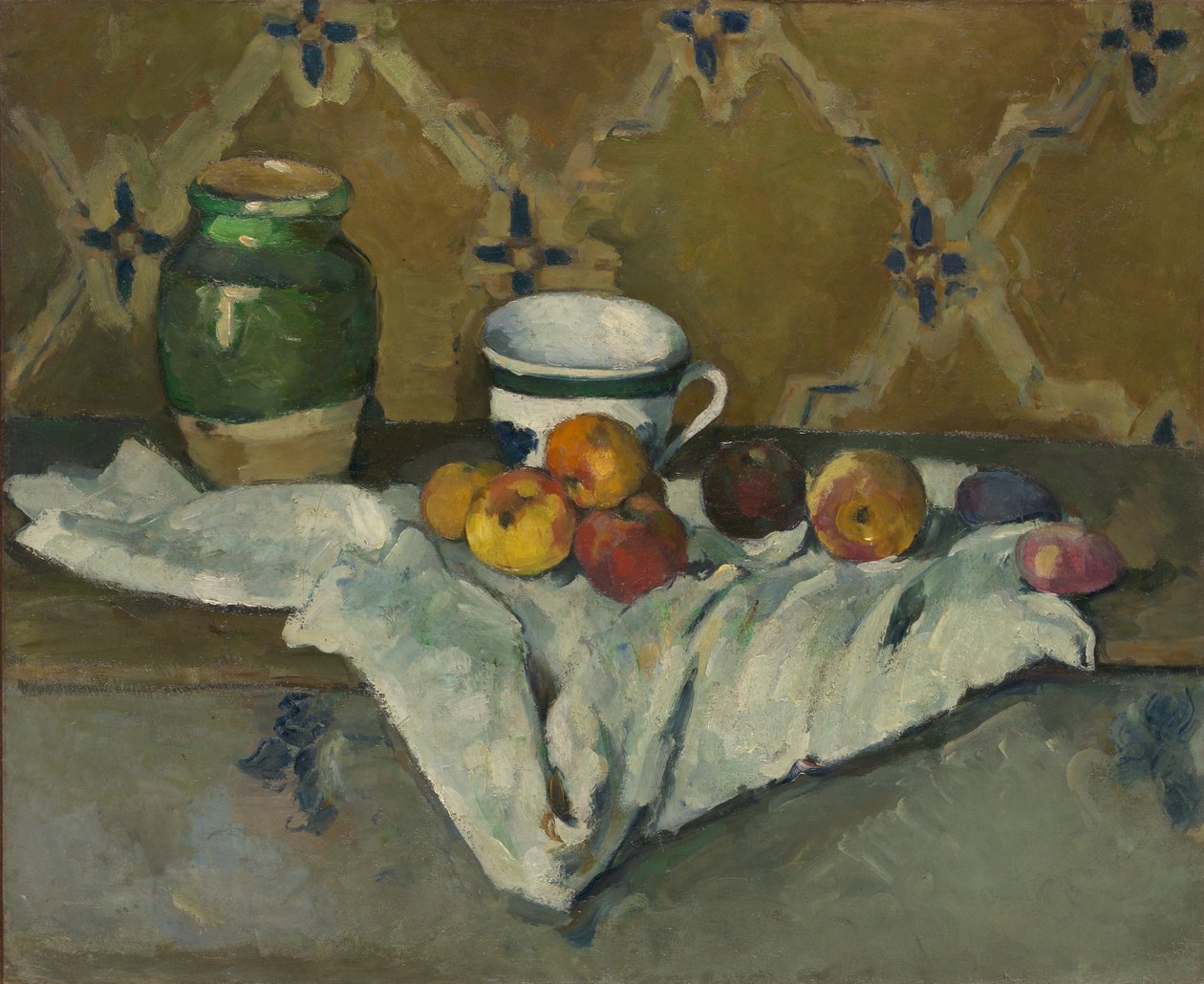 Stilleben med burk, kopp och äpplen, ca. 1877. av Paul Cézanne