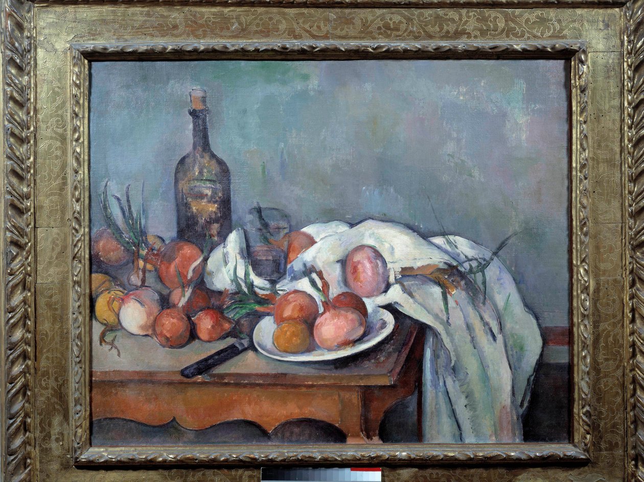 Stilleben med lök Målning av Paul Cezanne (1839-1906) 1895 Sön. 0,66x0,82 m. Paris, Musée d