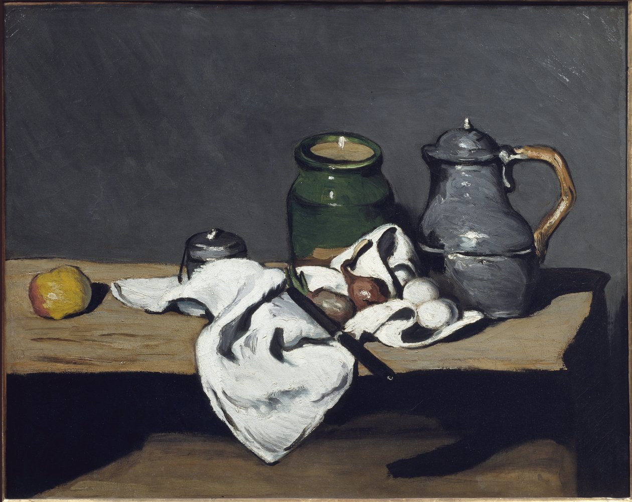 Stilleben med en vattenkokare - olja på duk av Paul Cézanne