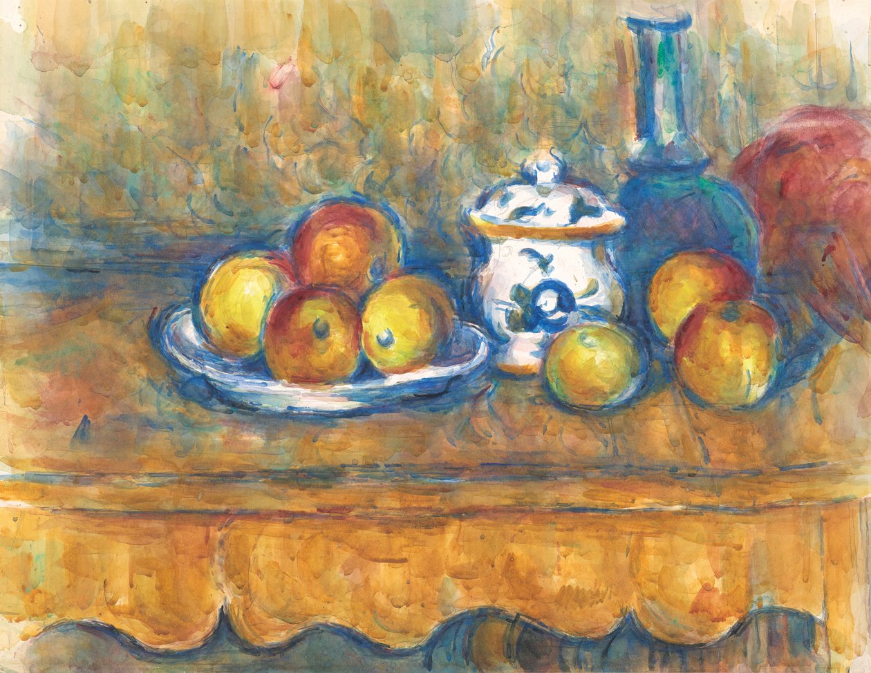 Stilleben med blå flaska, sockerskål och äpplen, 1900-1902. av Paul Cézanne