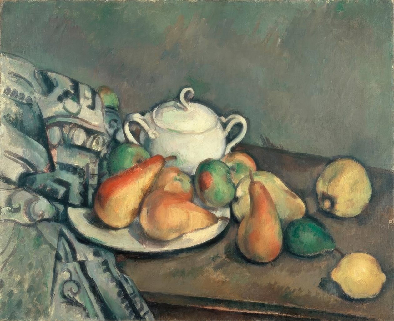Sockerskål, päron och mattor av Paul Cézanne
