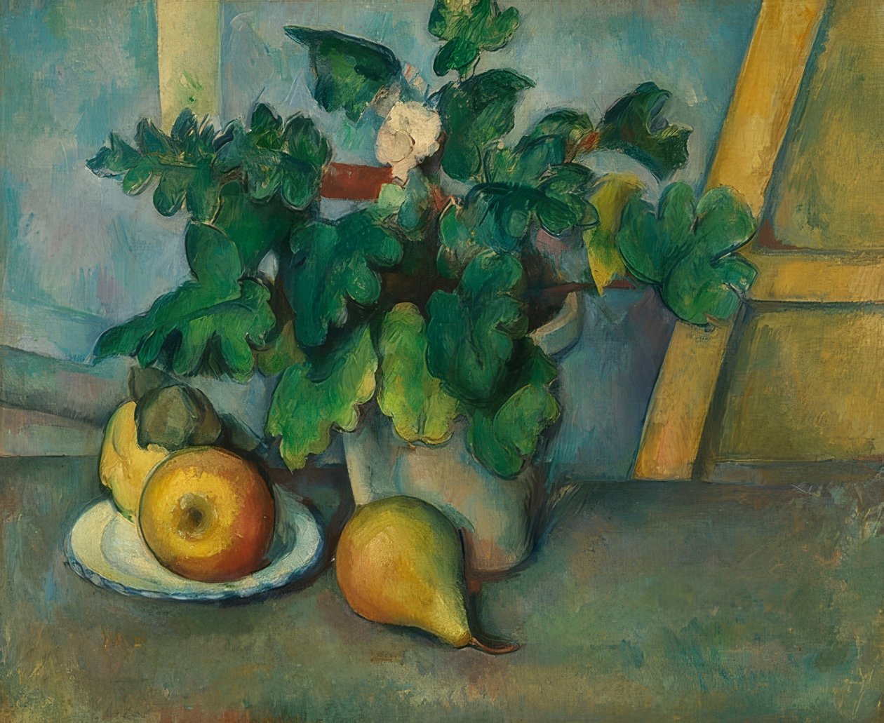 Kruka med primörer och frukt. 1888-90 av Paul Cézanne