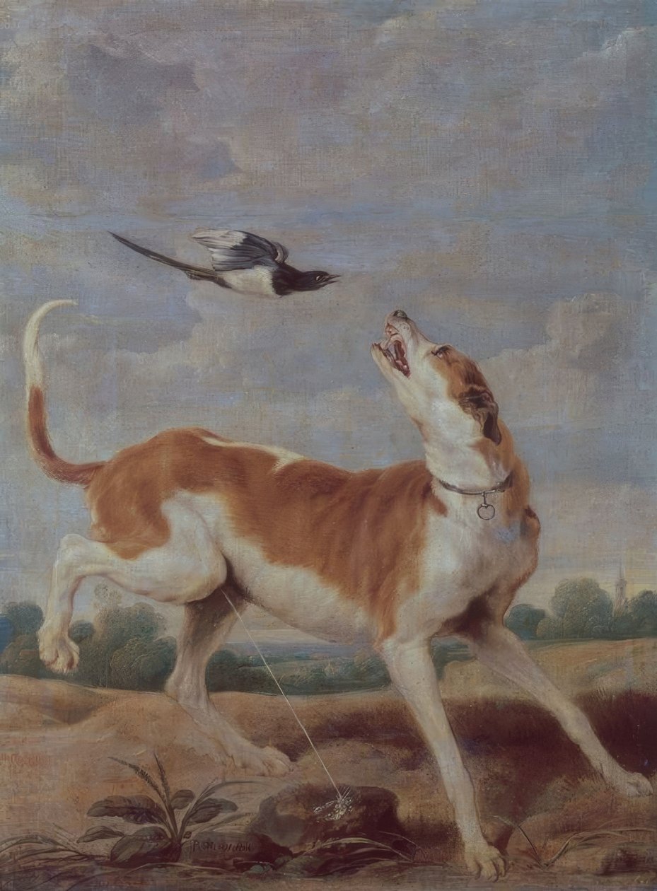 El perro y la picaza’, 1600-tal, Olja på duk, 115 cm x 83 cm, P01868 av Paul De Vos