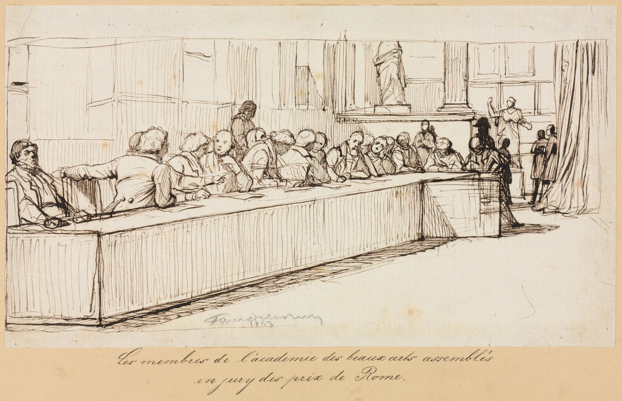 Medlemmarna av Academy of Beaux-Arts samlades för att jurysätta Rompriset, 1841 eller 1842. av Paul Delaroche