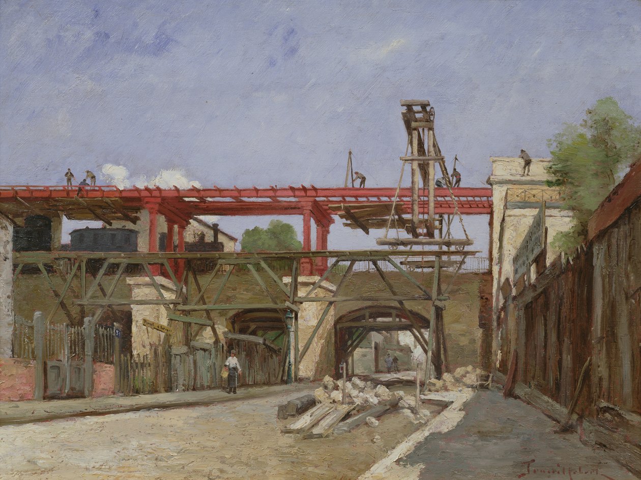 Arbetare som höjer ringvägens järnvägsspår på bron över Rue de la Voute, Paris, 1888 av Paul Desire Trouillebert
