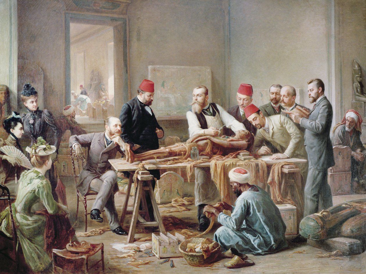Undersökning av en mumie - en prästinna av Amun, ca 1891 (olja på duk) av Paul Dominique Philippoteaux