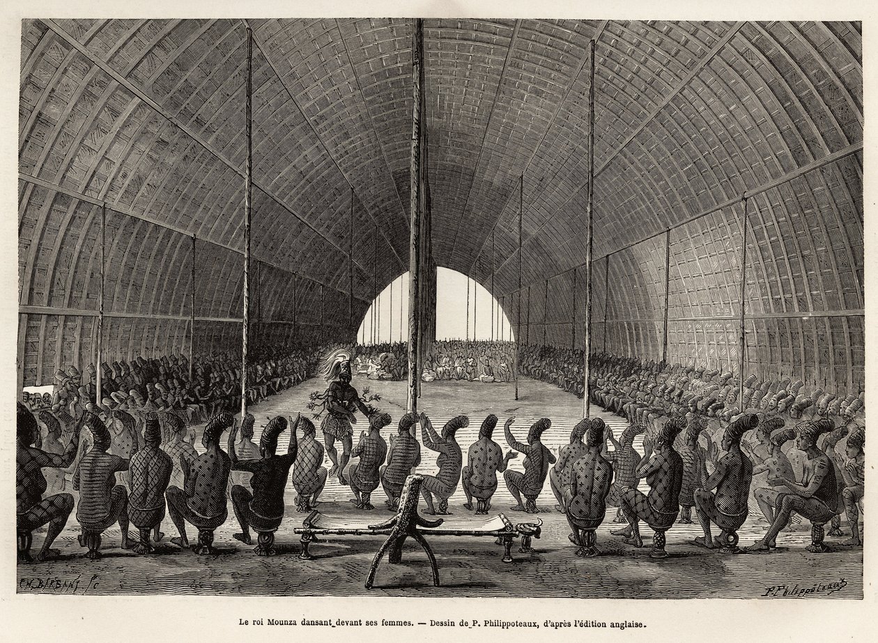 Mounza, kung av Mombouttous (Zaire), dansar framför sitt serail, bestående av 80 kvinnor, gravyr efter teckningen av P.Philippoteaux, som illustrerar en resa till hjärtat av Afrika, 1868-1871, av Dr. George Schweinfurth, publicerad i "" Le tour du m av Paul Dominique Philippoteaux