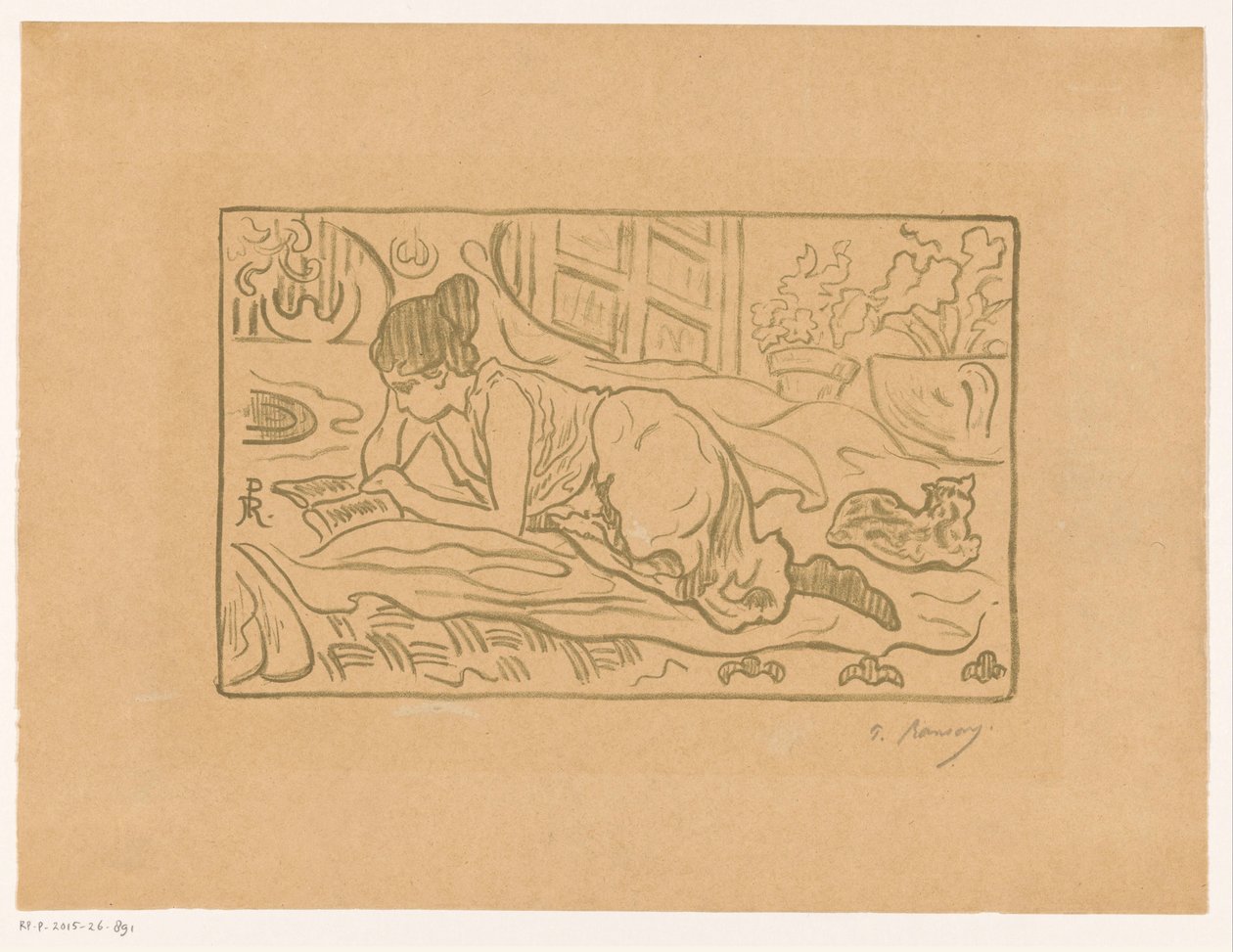 Läsande kvinna liggande på sängen av  (signed by artist) Paul Élie Ranson