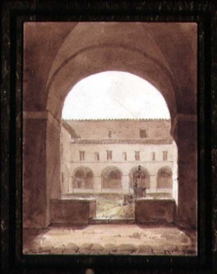 Utsikt över ett kloster med en brunn (sepia akvarell på papper) av Paul Emile Detouche