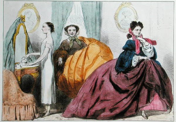 Tecknad film som satiriserar krinolinens mode, ca 1860 (lito i färg) av Paul Emile Detouche