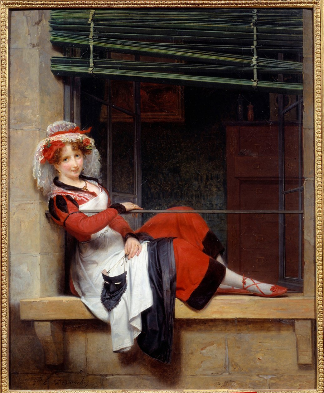 Väntan på balen maskerar En ung kvinna som sitter på kanten av ett fönster. Målning av Paul Emile Destouches (1794-1874) 1800-talets Nantes musee des Beaux Arts av Paul Emile Detouche