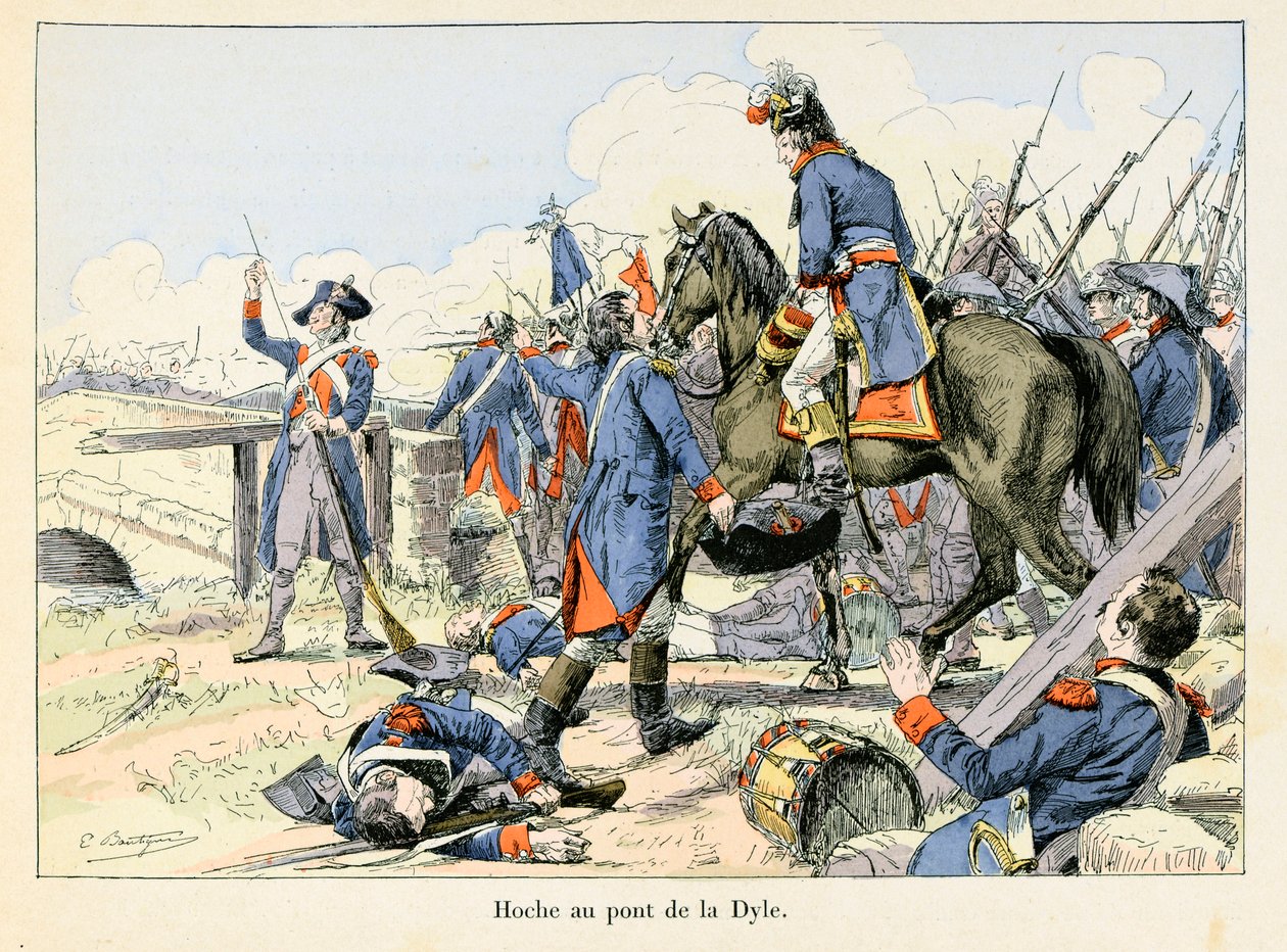 Hoche au pont de la Dyle: Mnamo Machi 1793, akifunika mafungo kwenye njia ya Dyle mbele ya Leuven (Ubelgiji), Lazare Hoche (1768-1797) alipigana na Waaustria - kielelezo cha Emile Boutigny (1853-1929) "Hoche-Marceau-Desaix" na Theodore swed av Paul Émile Boutigny