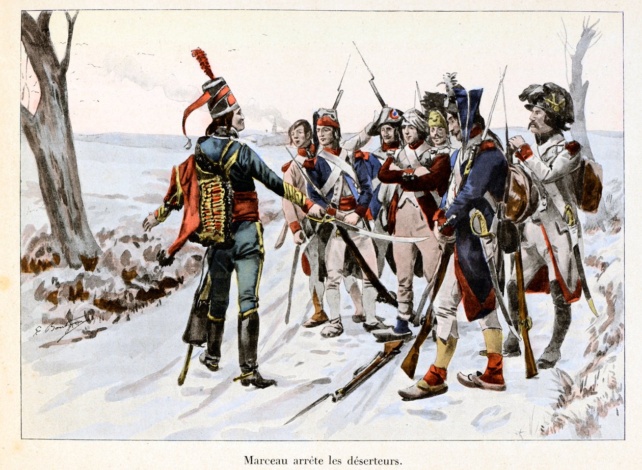 Marceau arrete des deserteurs: Francois-Severin Desgraviers Marceau (1769-1796) fängslar soldaterna från den republikanska armén i Vendee (85) - Illustration av Emile Boutigny (1853-1929) I "Hoche-Marceau-Desaix" av Theodore Cahu ( 1854-1928) - Privat kol av Paul Émile Boutigny