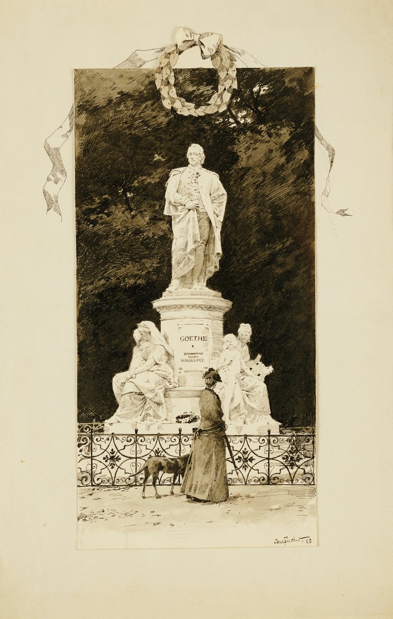 En elegant dam vid statyn av Goethe, 1888 av Paul Fischer