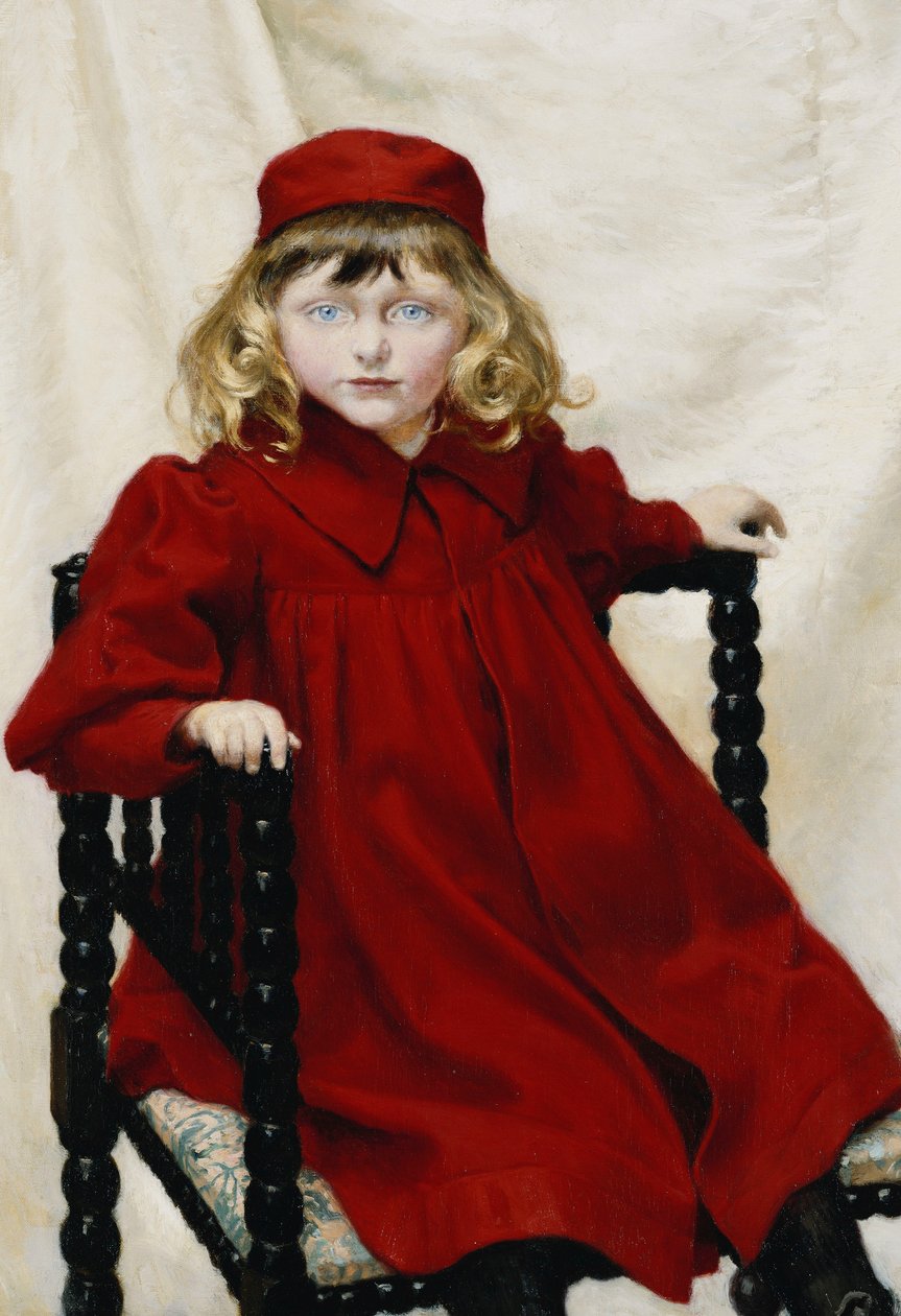 Porträtt av Harriet Fischer, liten trekvartslängd, iklädd en röd klänning, 1896 av Paul Fischer