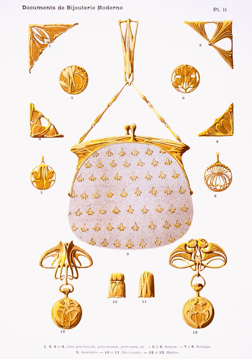 Smyckesmodeller, platta 11 från "Documents de Bijouterie et Orfeverie modernes", utgiven av Henri Laurens, Paris, omkring 1900 (färgad kromolit). av Paul Follet