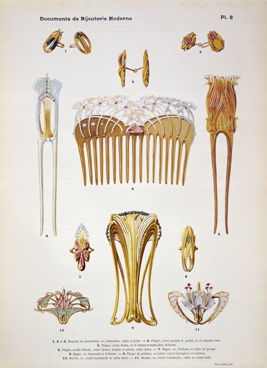 Smyckesmodeller, platta 8 från "Documents de Bijouterie et Orfeverie modernes", utgiven av Henri Laurens, Paris, omkring 1900 (färgad kromolit). av Paul Follet