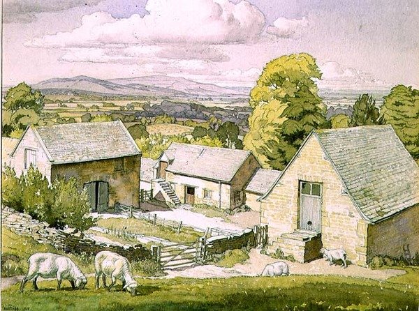 En Cotswold Farm. 1928 (akvarell på papper) av Paul Fripp
