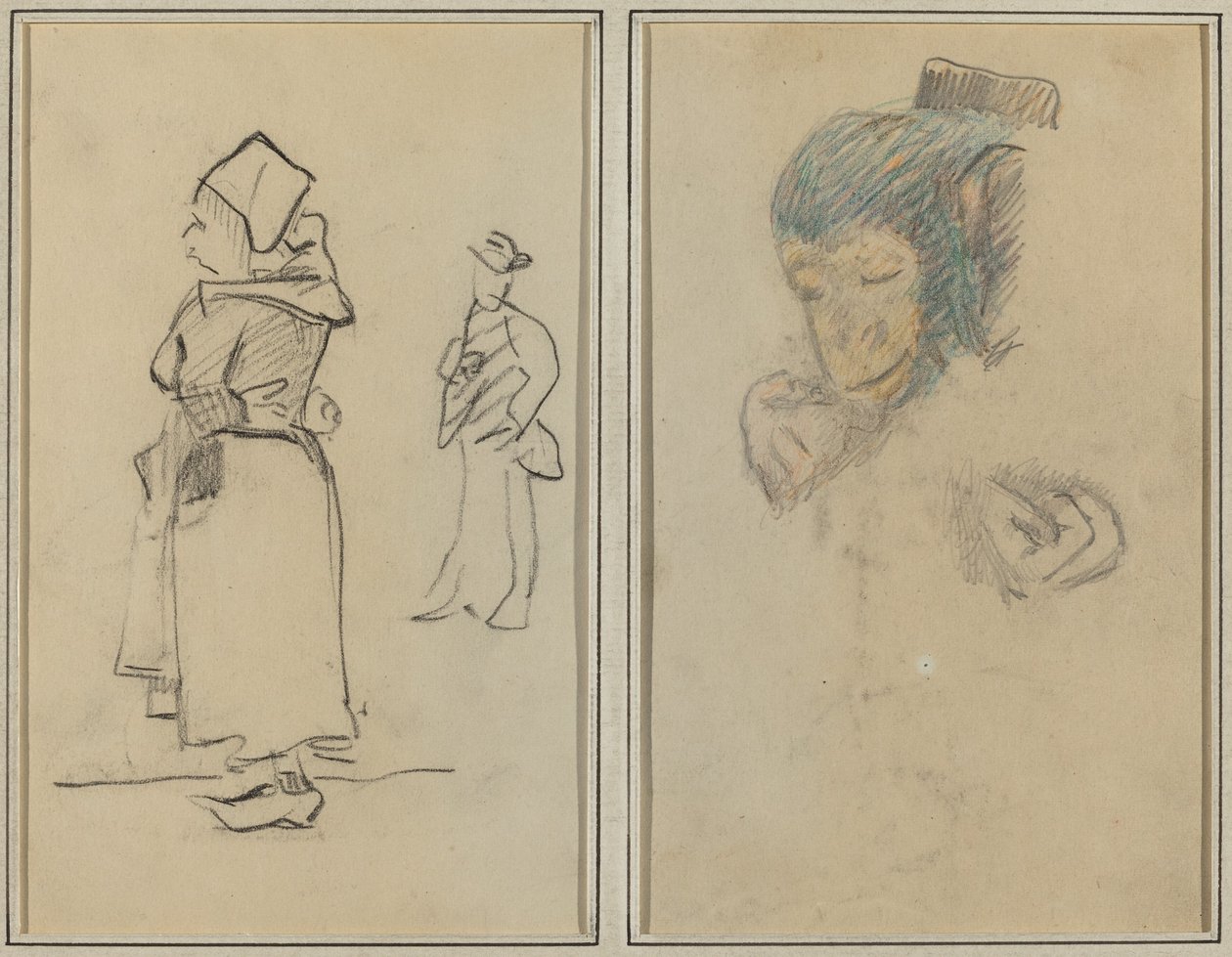 En bretonsk kvinna och en stående man; Huvud och hand på en apa [recto] av Paul Gauguin