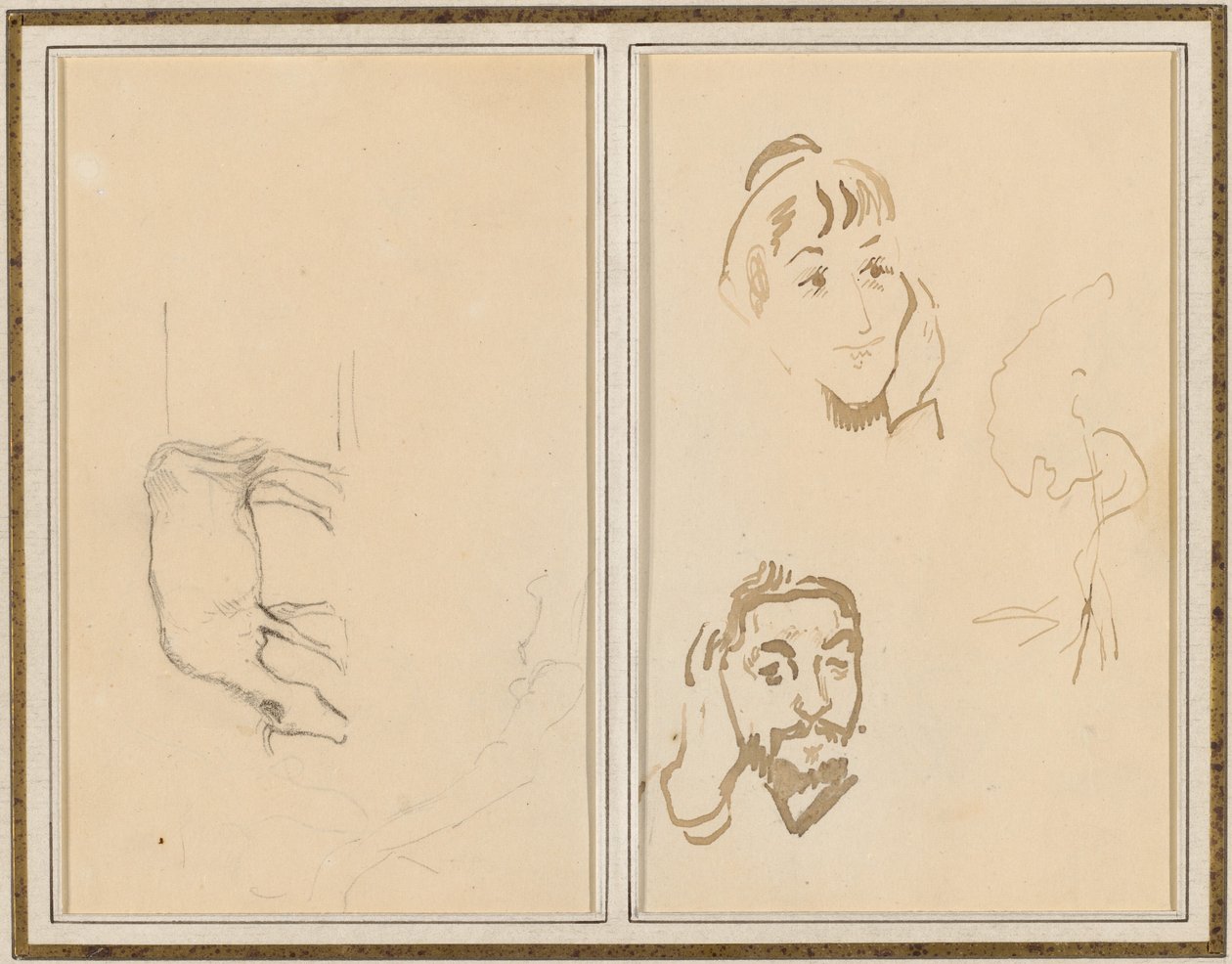 En betande ko; Huvudet på en kvinna med handen på kinden och huvudet på en man med handen på örat [verso] av Paul Gauguin