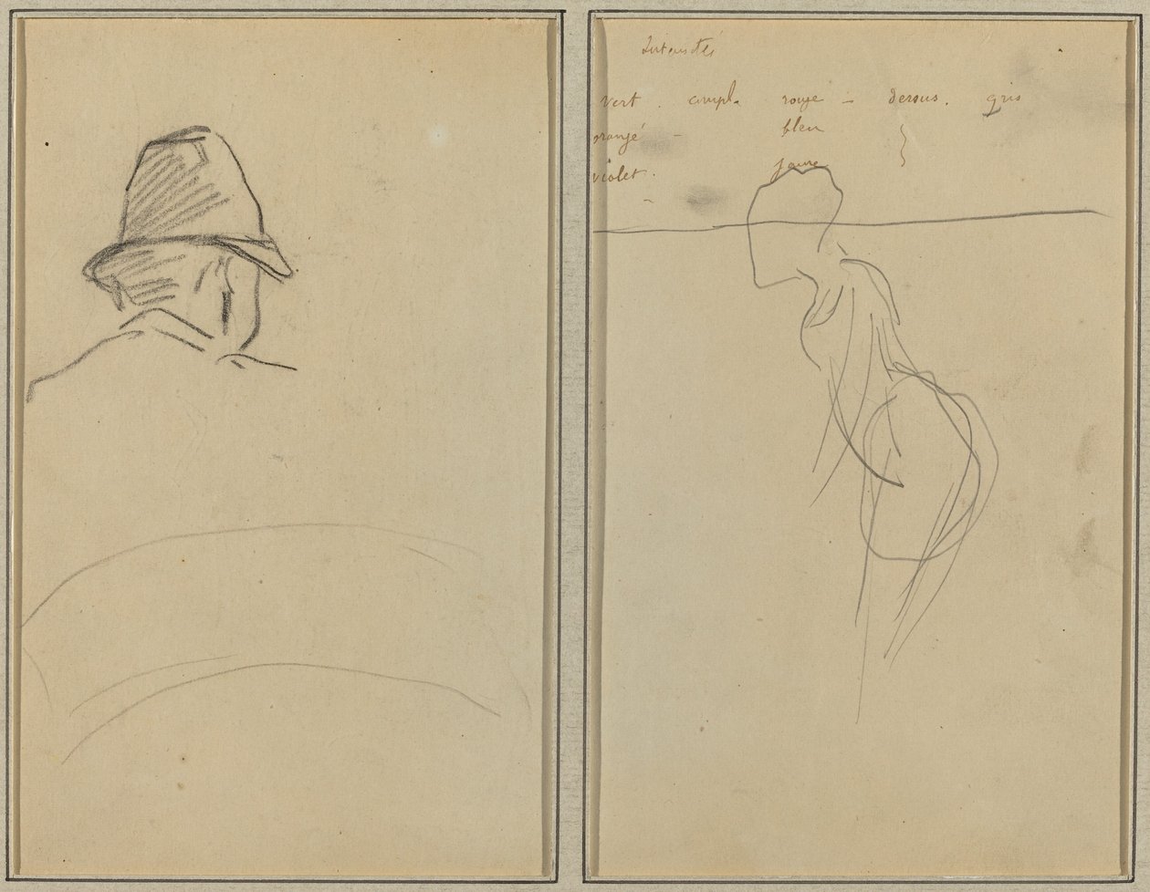 Ett huvud av människan med hatt, sedd bakifrån; En stående kvinna [recto] av Paul Gauguin