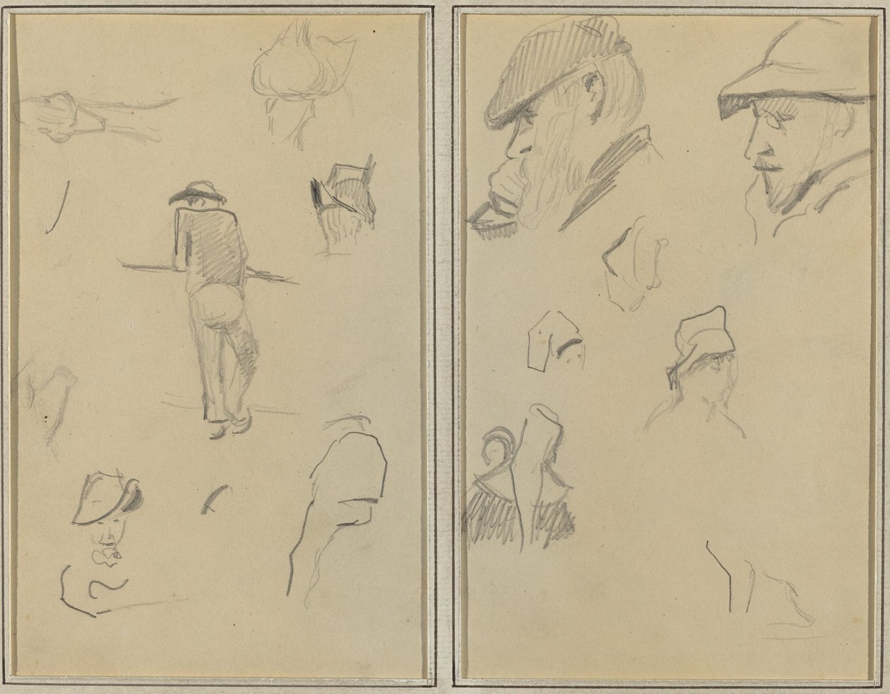 En man lutad mot en vägg med fem andra studier; Två skäggiga män som bär hattar och fem andra studier [recto] av Paul Gauguin