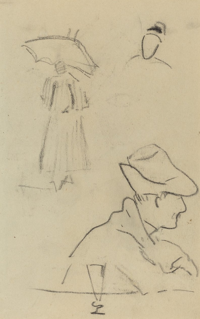 En person som håller ett paraply och en sittande man med en hatt och ett glas [verso] av Paul Gauguin