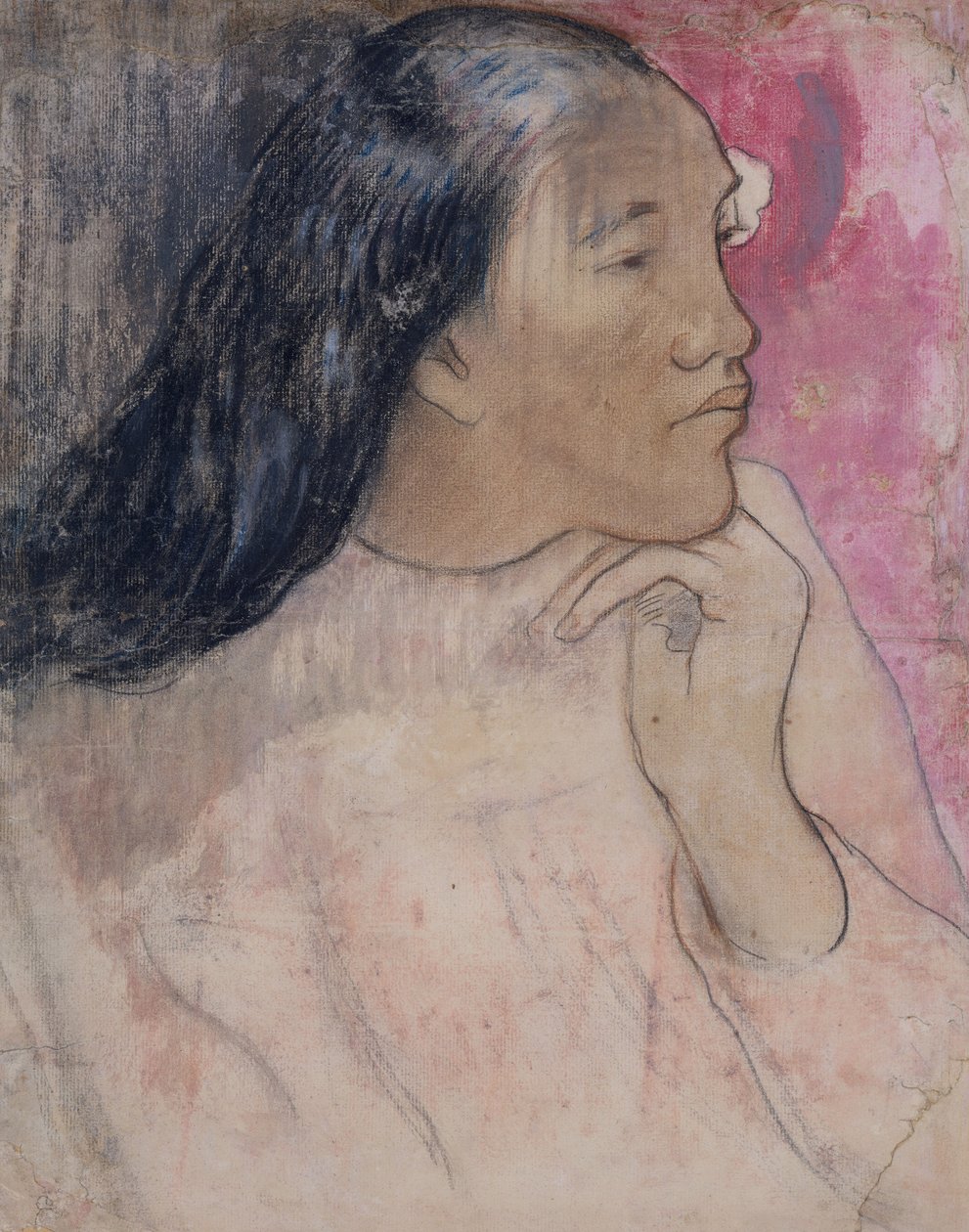 En tahitisk kvinna med en blomma i håret, 1891-92 (kol, pastell och tvätt) av Paul Gauguin