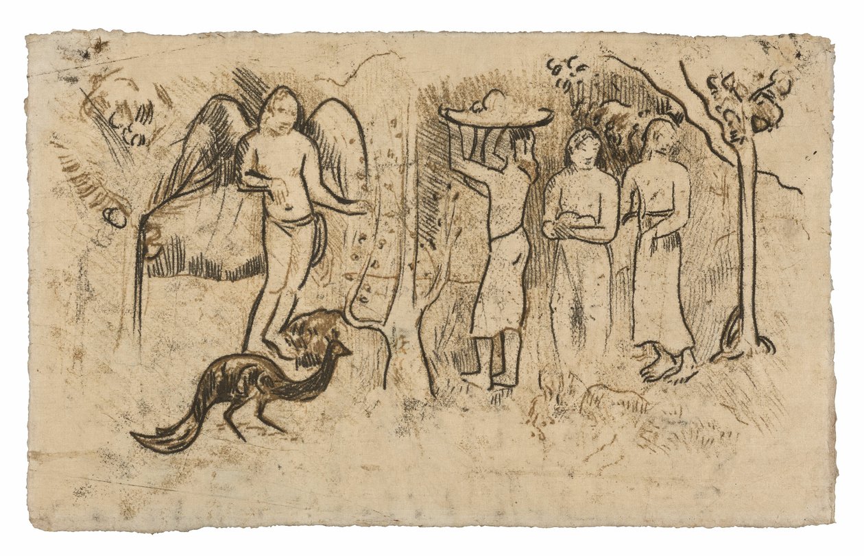 Ängel, påfågel och tre tahitier av Paul Gauguin