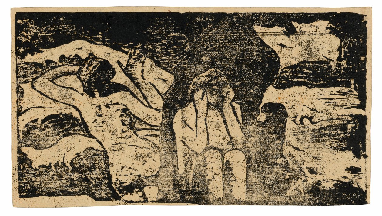 Vid de svarta klipporna, från sviten med sena träblocksgrafik av Paul Gauguin